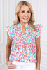 Sky Blue Shirred Yoke Ruffled Abstract Printed Blouse Sky Blue Shirred Yoke Ruffled Abstract Printed Blouse