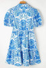 Sky Blue Retro Floral Print Drawstring Waist Ruffled Mini Dress Sky Blue Retro Floral Print Drawstring Waist Ruffled Mini Dress
