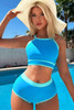 Blue Contrast Trim Crisscross Back High Waisted Bikini