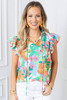 Green Frilly Ruffle Tie Split Neck Summer Floral Blouse Green Frilly Ruffle Tie Split Neck Summer Floral Blouse
