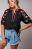 Black Floral Embroidered Ricrac Puff Sleeve Textured Blouse Black Floral Embroidered Ricrac Puff Sleeve Textured Blouse