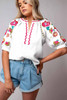 White Floral Embroidered Ricrac Puff Sleeve Textured Blouse White Floral Embroidered Ricrac Puff Sleeve Textured Blouse