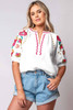White Floral Embroidered Ricrac Puff Sleeve Textured Blouse White Floral Embroidered Ricrac Puff Sleeve Textured Blouse