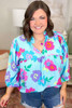 Light Blue Plus Size Floral Print Notched V Neck Babydoll Blouse