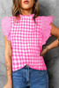 Rose Red Checkered Ruffled Sleeve Frilled Neck Blouse Rose Red Checkered Ruffled Sleeve Frilled Neck Blouse