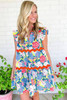 Sky Blue Floral Printed V Notched Ric Rac Flutter Sleeve Dress