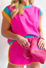 Rose Red Colorblock Patchwork Cap Sleeve Top Plus Size Shorts Set