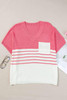 Strawberry Pink Contrast Stripes V Neck Knitted Short Sleeve Top