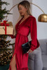 Racing Red Velvet Buttoned Puff Sleeve V Neck Split Midi Dress