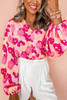 Pink Blooming Floral Print Puff Sleeve Buttoned Shirt Pink Blooming Floral Print Puff Sleeve Buttoned Shirt