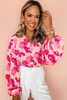Pink Blooming Floral Print Puff Sleeve Buttoned Shirt Pink Blooming Floral Print Puff Sleeve Buttoned Shirt