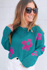 Sea Green Big Flower Hollowed Knit Drop Shoulder Sweater