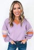 Orchid Bouquet Contrast Rib Knit Patchwork Drop Shoulder V Neck Sweatshirt