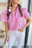 Pink Vintage Floral Ruffled Split Neck Short Sleeve Blouse Pink Vintage Floral Ruffled Split Neck Short Sleeve Blouse