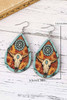 Chestnut Western Steer Head Print Wooden Drop Earrings