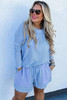 Light Blue Plus Size Ribbed Long Sleeve Top and Drawstring Shorts Set