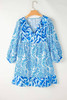 Sky Blue Bohemian Print Puff Sleeve Tied V Neck Flared Mini Dress