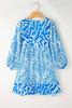 Sky Blue Bohemian Print Puff Sleeve Tied V Neck Flared Mini Dress