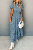 Blue Printed V Neck Shirred Short Puff Sleeve Maxi Dress