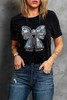Black Rhinestone Bowknot Graphic Crewneck T Shirt