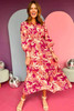 Rose Floral Print Buttoned Smocked High Waist Maxi Dress