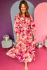 Rose Floral Print Buttoned Smocked High Waist Maxi Dress