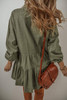 Jungle Green Puff Sleeve Buttoned Tiered Pleated Shirt Mini Dress