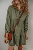 Jungle Green Puff Sleeve Buttoned Tiered Pleated Shirt Mini Dress