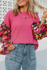Sachet Pink Flower Patchwork Ruffled Sleeve Ribbed Knit Drop Shoulder Top