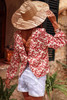Red Floral Print Long Sleeve Open Back Blouse