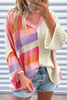 Pink Oversized Colorblock V Neck Hooded Sweater