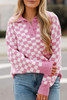 Pink Checkered Buttons Collar V Neck Drop Shoulder Sweater
