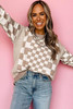 Khaki Checkered Print Drop Shoulder Round Neck Sweater Khaki Checkered Print Drop Shoulder Round Neck Sweater