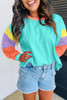 Light Blue Colorblock Patchwork Long Sleeve Loose Top