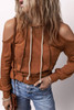 Cinnamon Exposed Seam Cold Shoulder Drawstring Hoodie Cinnamon Exposed Seam Cold Shoulder Drawstring Hoodie