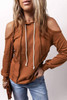 Cinnamon Exposed Seam Cold Shoulder Drawstring Hoodie Cinnamon Exposed Seam Cold Shoulder Drawstring Hoodie