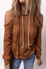 Cinnamon Exposed Seam Cold Shoulder Drawstring Hoodie Cinnamon Exposed Seam Cold Shoulder Drawstring Hoodie
