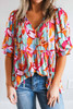 Rose Red Abstract Print Drawstring V Neck Half Sleeve Blouse Rose Red Abstract Print Drawstring V Neck Half Sleeve Blouse