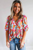 Rose Red Abstract Print Drawstring V Neck Half Sleeve Blouse Rose Red Abstract Print Drawstring V Neck Half Sleeve Blouse