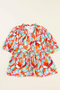 Rose Red Abstract Print Drawstring V Neck Half Sleeve Blouse Rose Red Abstract Print Drawstring V Neck Half Sleeve Blouse