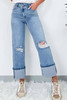 Dusk Blue High Rise Asymmetric Button Zip Fly Ripped Jeans