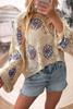Beige Contrast Flower Print Eyelet Drop Shoulder Sweater