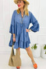 Sky Blue Chambray Ruffled 3/4 Sleeve Tiered Split V Neck Mini Dress