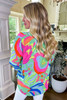 Green Abstract Print Ruffled Sleeve Buttoned V Neck Blouse Green Abstract Print Ruffled Sleeve Buttoned V Neck Blouse