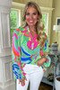 Green Abstract Print Ruffled Sleeve Buttoned V Neck Blouse Green Abstract Print Ruffled Sleeve Buttoned V Neck Blouse