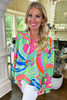 Green Abstract Print Ruffled Sleeve Buttoned V Neck Blouse Green Abstract Print Ruffled Sleeve Buttoned V Neck Blouse