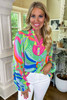 Green Abstract Print Ruffled Sleeve Buttoned V Neck Blouse Green Abstract Print Ruffled Sleeve Buttoned V Neck Blouse