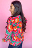 Rose Floral Print Pleated Ruffled O Neck Plus Size Blouse