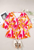 Orange Abstract Print 3/4 Sleeve V Neck Ruffled Babydoll Blouse Orange Abstract Print 3/4 Sleeve V Neck Ruffled Babydoll Blouse