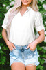 White Solid Color Ruched Bubble Sleeve V Neck Blouse